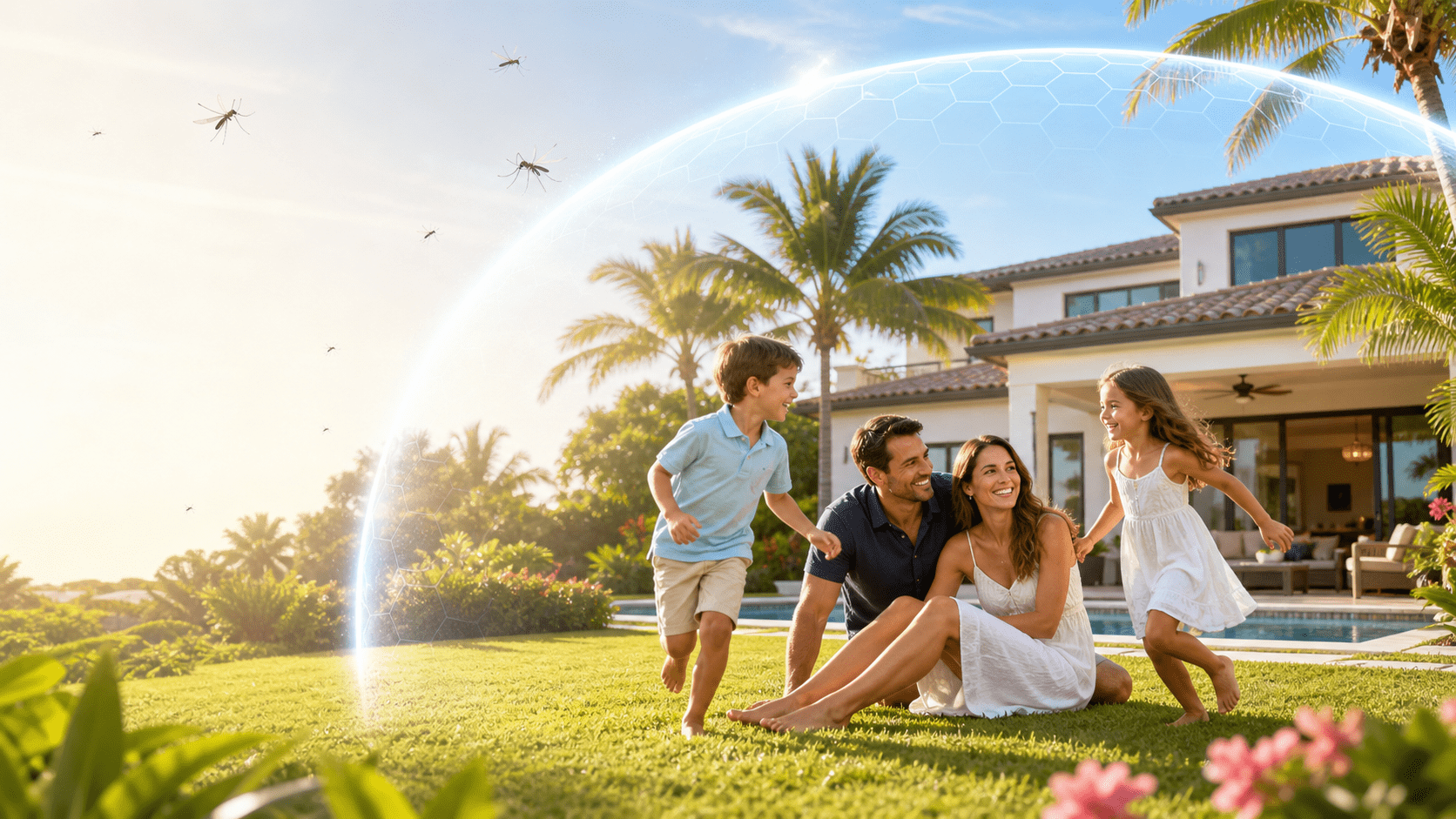 Mosquito Shield barrier protecting a Palm Beach family in their backyard